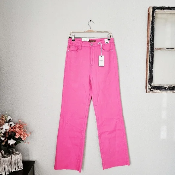Judy Blue High Rise Garment Dyed 90's Straight Leg Jeans Barbie Pink 11/30 NWT - Picture 2 of 11
